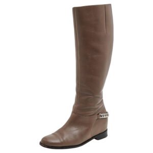Christian Louboutin Grey Leather Cate Chain Knee Length Boots Size 39