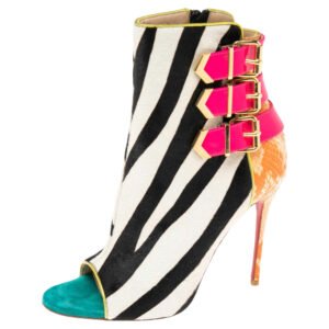 Christian Louboutin Multicolor Patent and Python Leather, Zebra Print Calf Hair Triboclou Ankle Boots Size 37