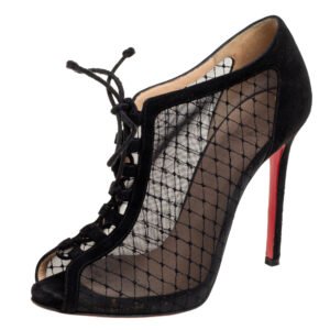 Christian Louboutin Black Mesh and Suede Lace-Up Peep-Toe Booties Size 38.5