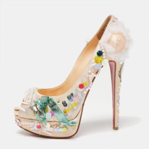 Christian Louboutin Beige Satin 'Make Up Trash' Lady Peep-Toe Pumps Size 38