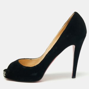 Christian Louboutin Black Velvet Very Prive Crystal Peep-Toe Pumps Size 40.5