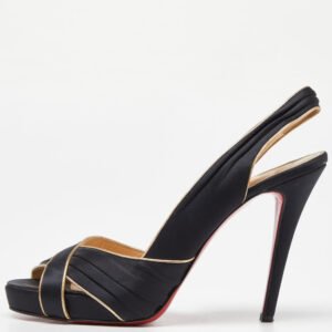 Christian Louboutin Black/Gold Satin and Leather Trim Platform Peep Toe Slingback Sandals Size 42