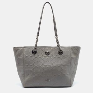 Coach Grey Signature Embossed Leather Turnlock Chain Tote