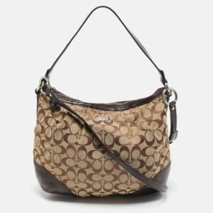 Coach Beige/Brown Signature Canvas and Patent Leather Hobo