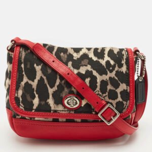 Coach Red/Black Leopard Print Fabric and Leather Park Ocelot Crossbody Bag