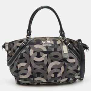 coach grey/black op art canvas and leather madison satchel