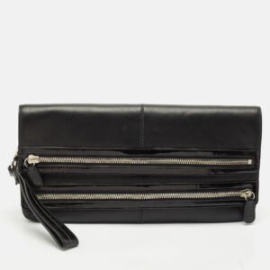 Coach Black Leather and Patent Leather Double Zip Long Clutch