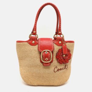 Coach Beige/Burnt Orange Raffia and Leather Buckle Flap Tote