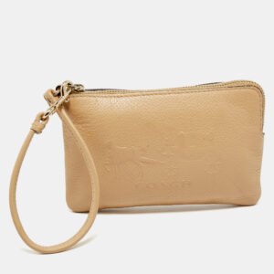 Coach Beige Leather Zip Wristlet Pouch