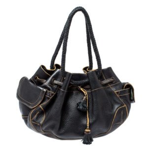 luxury-women-cole-haan-used-handbags-p368789-005 Cole Haan Black Leather Drawstring Braided Handle Hobo