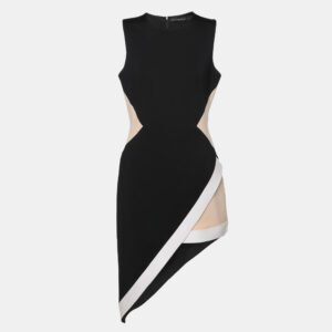 David Koma Black/Beige Stretch Satin Asymmetric Dress L