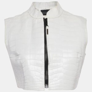 Dennis Basso White Leather Zip-Up Crop Vest S