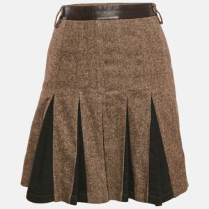 D&G Brown Wool and Leather Trim Pleated Mini Skirt S