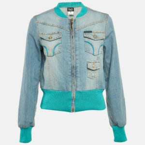 D&G Blue Crystal Embellished Denim Ribbed Trim Jacket S
