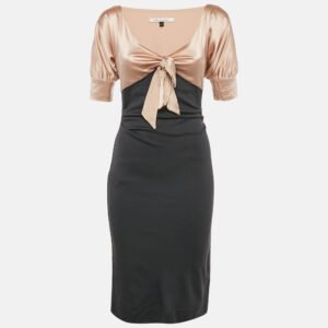 Diane Von Furstenberg Pink/Grey Silk and Wool Knit Bow Detail Short Kitt Dress S