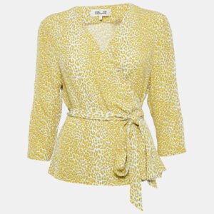 Diane Von Furstenberg Yellow Leopard Print Silk Wrap Top L