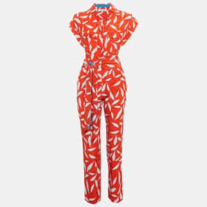 Diane Von Furstenberg Red Benji Print Crepe Tie-Up Detail Jumpsuit S