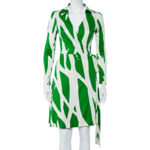 Diane Von Furstenberg Beige & Green Printed Silk Knit Collared Mini Wrap Dress L