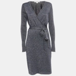 Diane Von Furstenberg Navy Blue Lurex Knit Evelyn Wrap Dress L