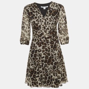 luxury-women-diane-von-furstenberg-used-clothes-p943702-003 Diane Von Furstenberg Brown Leopard Print Silk Flared Mini Dress S