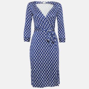 Diane Von Furstenberg Blue Printed Silk Jersey Wrap Dress XS