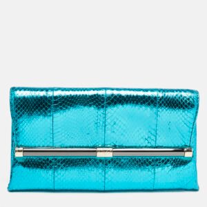 Diane Von Furstenberg Metallic Blue Foil Snakeskin Envelop Clutch