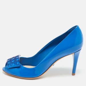Dior Blue Patent Leather Metal Cannage Plaque Detail Peep Toe Pumps Size 36