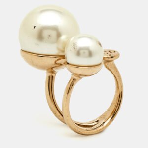 Dior Ultradior Faux Pearl Gold Tone Ring Size 49