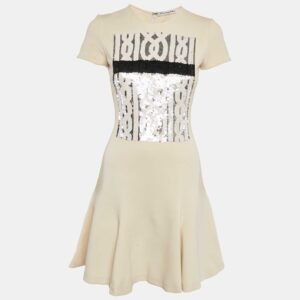 Christian Dior Cream Sequin Embellished Wool Jersey Flared Mini Dress S