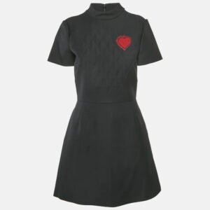 Christian Dior Black Heart Applique Wool Quilted Detail Short Dress M