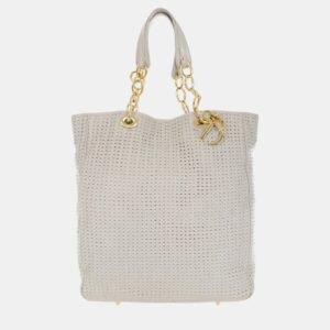 Dior White Woven Leather Soft Lady Dior Shopping Tote Bag