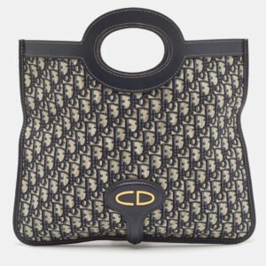 Dior Navy Blue Oblique Canvas and Leather Fold Over Clutch
