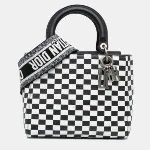 Dior Black White Leather Medium Checkered Lady Dior Tote Bag
