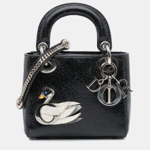 Dior Black Ceramic Effect Deerskin Jeweled Swan Lady Dior Top Handle Bag