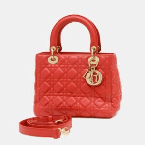 Christian Dior Red Lambskin Medium Dior Lady Cannage Bag