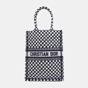 Dior White Navy Canvas Vertical Book Tote Dot Bag