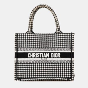 Dior Black  White Canvas Houndstooth Embroidered Small Book Tote