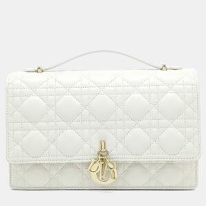 luxury-women-dior-used-handbags-p1154874-001 Dior White Leather Miss Dior Top Handle Clutch and Crossbody Bag