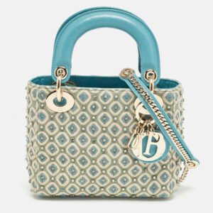 Dior Blue/White Fabric Mini Crystal Studded Lady Dior Tote