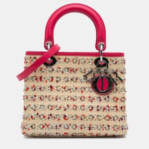 Dior Beige/Pink Medium Woven Raffia Lady Dior