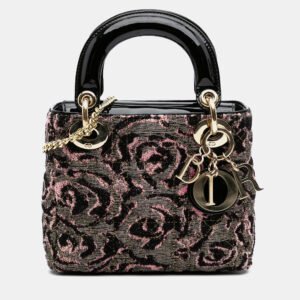 Dior Black Pink Mini Tweed Rose Embroidered Lady Dior