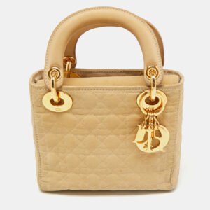 Dior Beige Cannage Fabric Mini Lady Dior Tote