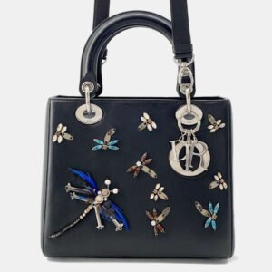Dior Black Leather Rhinestone Dragonfly Lady Dior Handbag
