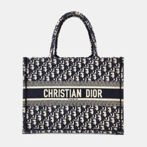 Dior Beige Navy Blue Fabric Oblique Book Tote Bag