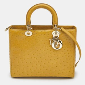 Dior Yellow Ostrich Leather Large Lady Dior Tote
