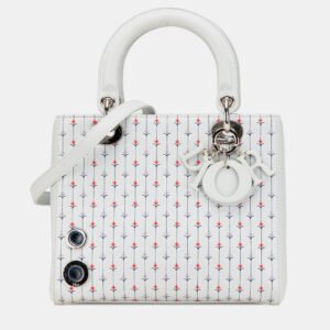 Dior White Medium Calfskin Embroidered Flower Lady Dior