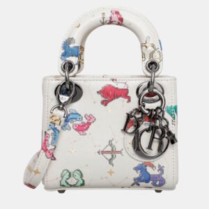 Dior White Leather Zodiac Pixel Micro Lady Dior Tote Bag