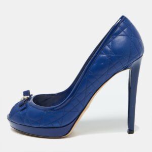 Dior Blue Cannage Leather and Patent Bow Peep Toe Platform Pumps Size 39