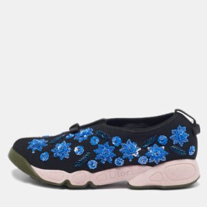 Dior Black Mesh Flower Embellished Fusion Slip On Sneakers Size 37