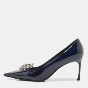 Dior Blue Patent Leather Crystal Embellished Pointed Toe Pumps Size 38.5